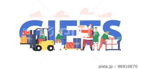 Christmas Gifts Concept. Santa Claus and Elves Helpers Loading Presents in Truck for Delivery to Children Illustration 96910670
