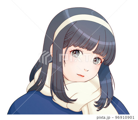カチューシャとマフラーをした女の子　服=紺、マフラー=乳白、髪=ネイビー　左右反転版 96910901
