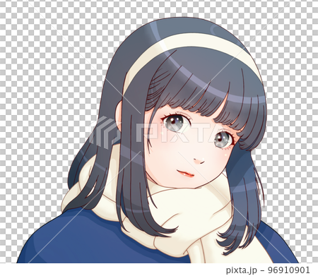 戴頭帶圍巾的女孩衣服=藏青色，圍巾=乳白色，頭髮=藏青色左右翻轉版 96910901