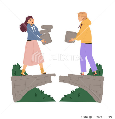 Man and Woman Characters Carrying Stone Building Bridge Having Connections with Each Other Engaged in Social Interaction Vector Illustration Man and Woman Characters Carrying Stone Building Bridge Having Connections with Each Other Engaged in Social Interaction Vector Illustration 96911149