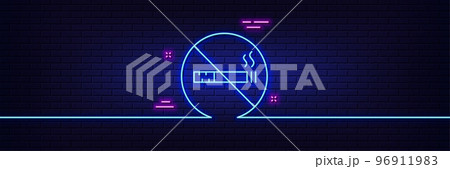 Neon light glow effect. No smoking line icon. Stop smoke sign. Hotel service symbol. 3d line neon glow icon. Brick wall banner. No smoking outline. Vector Neon light glow effect. No smoking line icon. Stop smoke sign. Hotel service symbol. 3d line neon glow icon. Brick wall banner. No smoking outline. Vector 96911983
