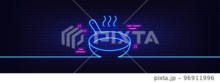 Neon light glow effect. Frying pan line icon. Cooking sign. Food preparation symbol. 3d line neon glow icon. Brick wall banner. Frying pan outline. Vector 96911996