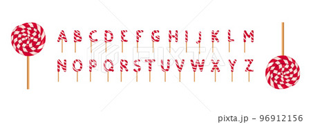 Alphabet from striped red and white lollipops. Festive font or decoration for holiday or party. Vector flat illustration 96912156