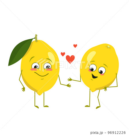 Cute lemon characters with love emotions, face, arms and legs. spring or summer decoration. The funny or happy food citrus heroes fall in love. Vector flat illustration Cute lemon characters with love emotions, face, arms and legs. spring or summer decoration. The funny or happy food citrus heroes fall in love. Vector flat illustration 96912226