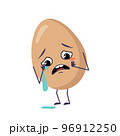 Cute egg characters with crying and tears emotions, face, arms and legs. Happy Easter decoration. The funny or sad food hero. Vector flat illustration 96912250