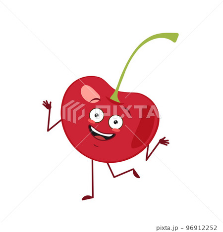 Cute cherry character cheerful with emotions dancing, arms and legs. The funny, happy or smile hero, red sweet berry. Vector flat person 96912252