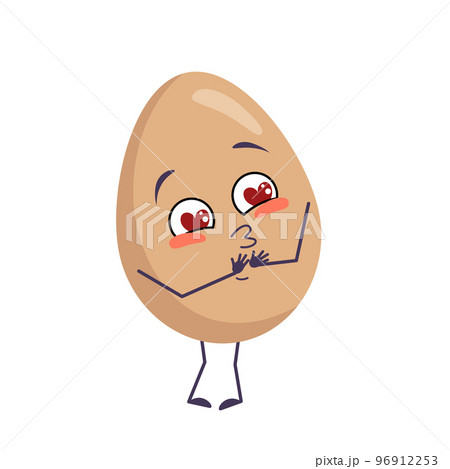 Cute egg character with smile,a love emotions, face, arms and legs. Happy Easter decoration. The funny or happy food heroes fall in love. Vector flat illustration 96912253