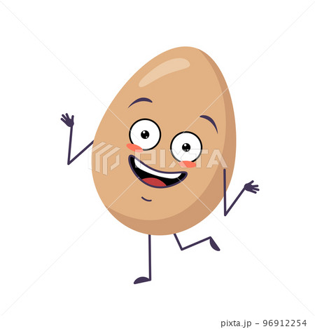Cute egg character cheerful with emotions dancing, face, arms and legs. Happy Easter decoration. The funny or smile food hero. Vector flat illustration Cute egg character cheerful with emotions dancing, face, arms and legs. Happy Easter decoration. The funny or smile food hero. Vector flat illustration 96912254