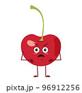 Cute cherry character with angry emotions, face, arms and legs. The funny or grumpy food hero, berry. Vector flat illustration 96912256
