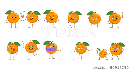 Set of cute oranges characters with different emotions isolated on white background. The funny or sad heroes, fruits have play, fall in love, keep their distance. Vector flat illustration 96912259