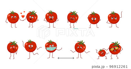 Set of cute tomatoes characters with different emotions isolated on white background. The funny or sad heroes, red vegetables have play, fall in love, keep their distance. Vector flat illustration 96912261