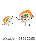 Sushi grandmother with glasses and grandson dancing character with happy emotion, joyful face, smile eyes, arms and legs. Vector flat illustration 96912263