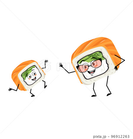 Sushi grandmother with glasses and grandson dancing character with happy emotion, joyful face, smile eyes, arms and legs. Vector flat illustration 96912263