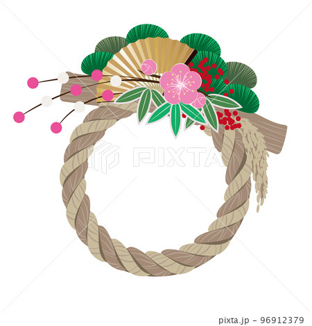 お正月　しめ縄飾りイラスト素材　松竹梅と扇と餅花 96912379