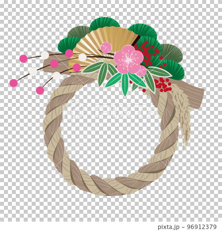 お正月　しめ縄飾りイラスト素材　松竹梅と扇と餅花 96912379