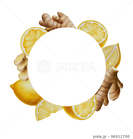 Watercolor frame with ginger and lemon. Includes ginger root and leafs, ginger and lemon slices, cut lemon.Hand drawn immunity strengthening vitamins  96912700
