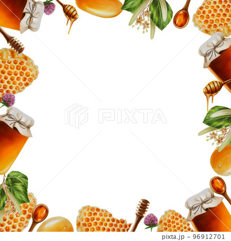 Watercolor honey frame. Includes honey jar, honeycomb, honey on a stick, drops, honey in a wooden spoon, clover and linden flowers 96912701