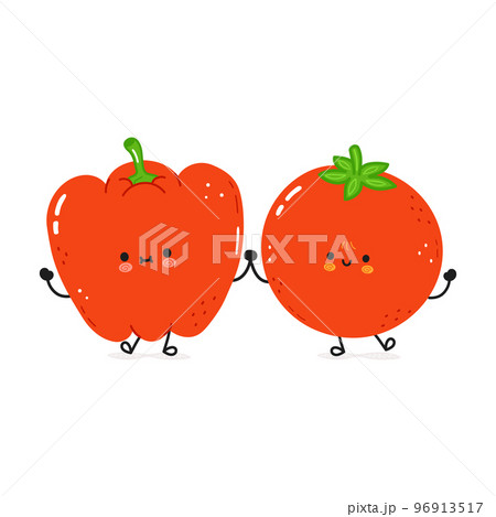 Red pepper and tomato card. Vector hand drawn doodle style cartoon character illustration icon design. Happy red pepper and tomato friends concept card Red pepper and tomato card. Vector hand drawn doodle style cartoon character illustration icon design. Happy red pepper and tomato friends concept card 96913517