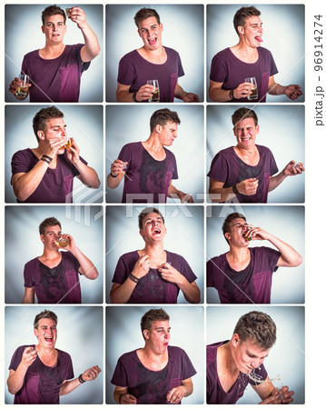 Collage, drunk and man vomit from alcohol drink, shots and hangover while sick, tired and with nausea at party for celebration, new years and birthday. Crazy male puke on studio background 96914274