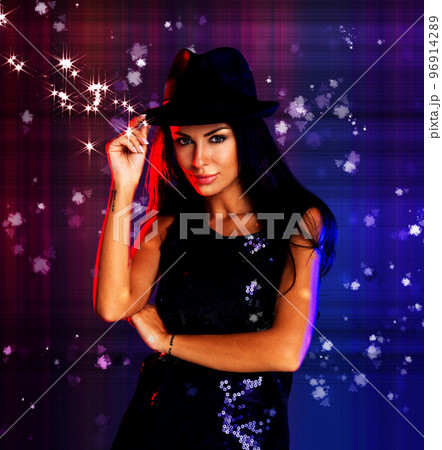 Stars, club and woman portrait at disco party or music concert event at night for celebration. Fashion, dark new year and sexy person or model clubbing in techno or rave nightclub alone 96914289