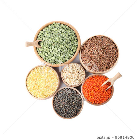 Different types of legumes and cereals on white background, top view. Organic grains 96914906