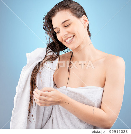 Woman, towel drying hair and studio background with smile on face for treatment, cosmetics and beauty. Happy shower model, cloth and cleaning brunette locks for self care, wellness and hair care Woman, towel drying hair and studio background with smile on face for treatment, cosmetics and beauty. Happy shower model, cloth and cleaning brunette locks for self care, wellness and hair care 96915028