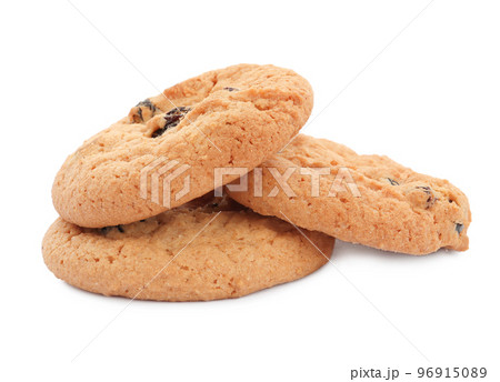 Delicious cookies with raisins on white background Delicious cookies with raisins on white background 96915089