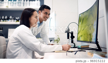 Computer, plant and science with a team planning a botanist experiment and reviewing research. Data, pc and botany expert colleagues in laboratory with ecology study for climate change idea 96915222