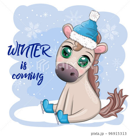 Cute horse, pony in Santa's hat with candy kane, Christmas ball, gift, ice skating. Winter is coming 96915313