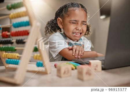 Girl, sad and crying with laptop and abacus, math and homework with elearning, online and education in house. Young child, frustrated and struggling with mathematics, fail and problem with learning Girl, sad and crying with laptop and abacus, math and homework with elearning, online and education in house. Young child, frustrated and struggling with mathematics, fail and problem with learning 96915377