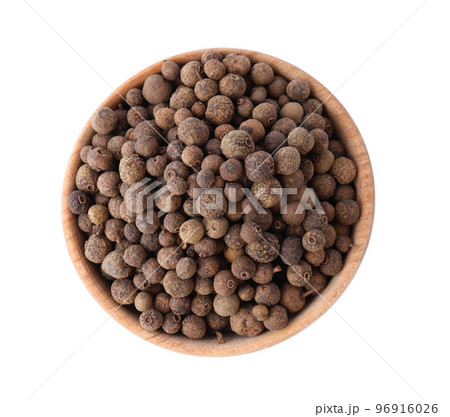Spicy black pepper grains isolated on white, top view 96916026