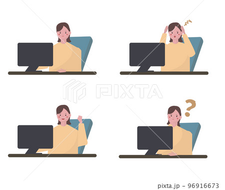 パソコンで仕事をする女性といろいろな表情人物セット パソコンで仕事をする女性といろいろな表情人物セット 96916673