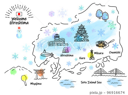 冬の広島県の観光地のシンプル線画イラストマップ 96916674