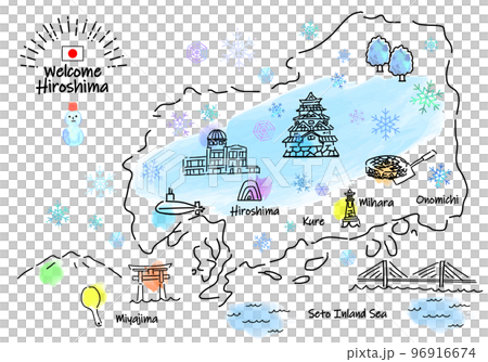 冬の広島県の観光地のシンプル線画イラストマップ 96916674