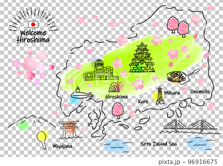 Simple line drawing illustration map of tourist spots in Hiroshima Prefecture in spring (green) 96916675