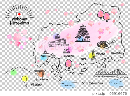 Simple line drawing illustration map of tourist spots in Hiroshima Prefecture in spring (pink) 96916676