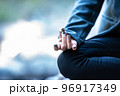 Business woman meditation in nature environment with copy space. 96917349
