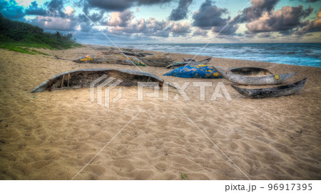 Fishermans boats at the seashore of Indian ocean, Brickaville,Atsinanana region, Madagascar 96917395