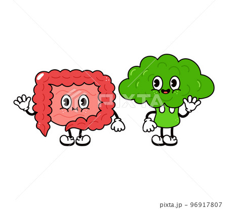 Cute, funny happy intestines and broccoli character. Vector hand drawn cartoon kawaii characters, illustration icon. Funny cartoon intestines and broccoli friends concept 96917807