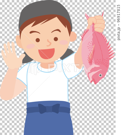 働く人_魚屋_漁業関係者_魚を持った男性_上半身 96917815