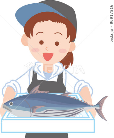働く人_魚屋_漁業関係者_魚を持った女性_上半身 96917816