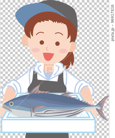 働く人_魚屋_漁業関係者_魚を持った女性_上半身 96917816