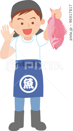 働く人_魚屋_漁業関係者_魚を持った若い男性_全身 96917817