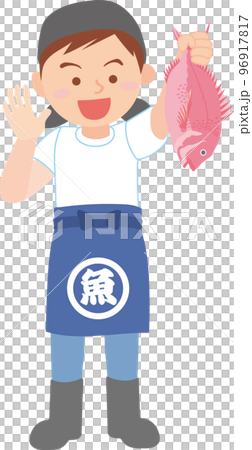 働く人_魚屋_漁業関係者_魚を持った若い男性_全身 96917817