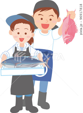 働く人_魚屋_漁業関係者_魚を持った若い男女_全身 96917818