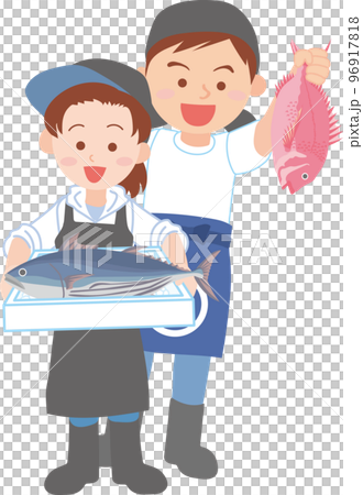 働く人_魚屋_漁業関係者_魚を持った若い男女_全身 96917818