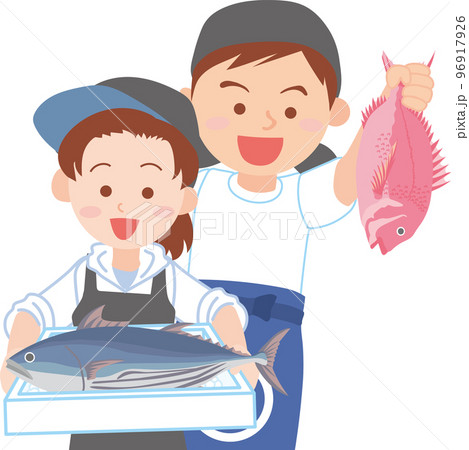 働く人_魚屋_漁業関係者_魚を持った若い男女_上半身 働く人_魚屋_漁業関係者_魚を持った若い男女_上半身 96917926