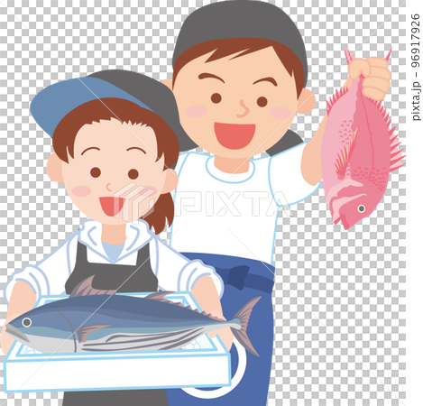働く人_魚屋_漁業関係者_魚を持った若い男女_上半身 働く人_魚屋_漁業関係者_魚を持った若い男女_上半身 96917926
