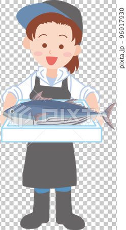 働く人_魚屋_漁業関係者_魚を持った若い男女_上半身 96917930