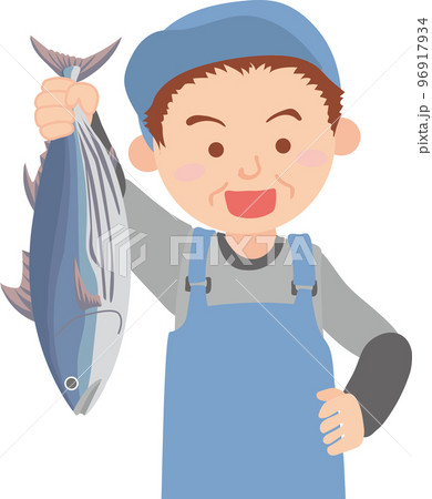 働く人_魚屋_漁業関係者_魚を持ったシニア男性_上半身 96917934